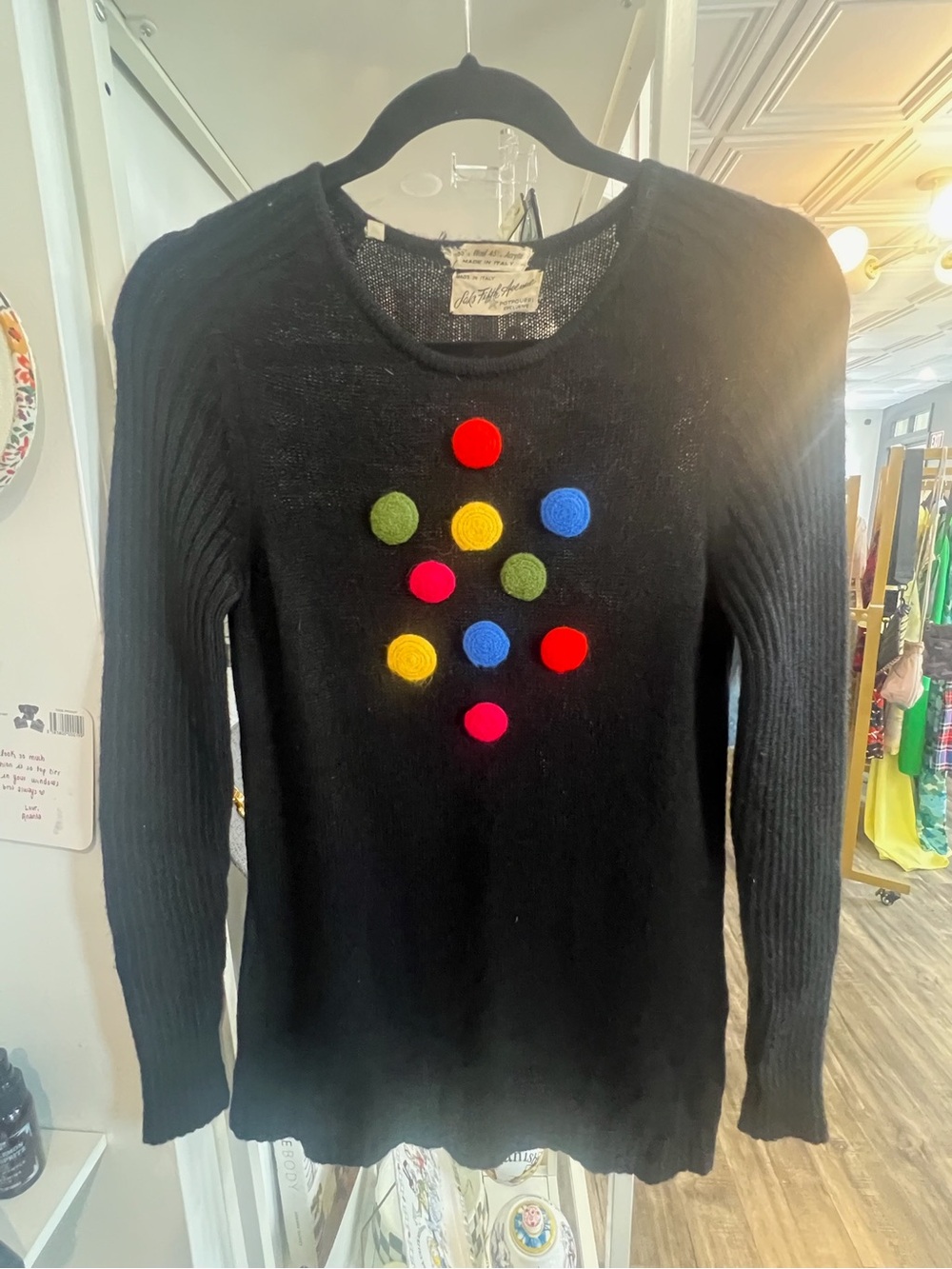 Saks Fifth Avenue vintage Black Crewneck Sweater with Multicolor Pom-Dot Accents